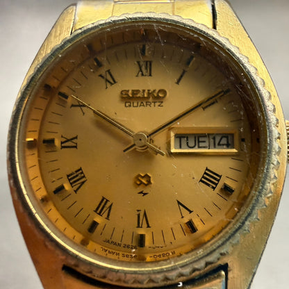 Seiko SQ Watch Women 24mm Gold Dial Gold Tone Daydate Round 2626-0159 New Batt1