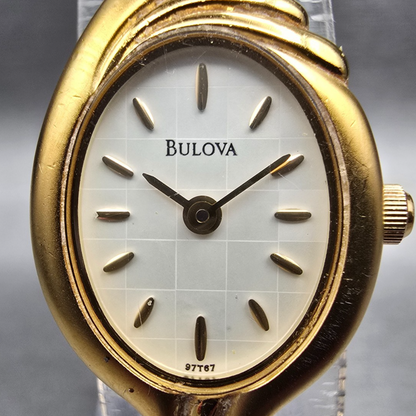 Bulova Watch Women 17mm MOP Dial Gold Tone Oval 97T67 New Battery VTG1