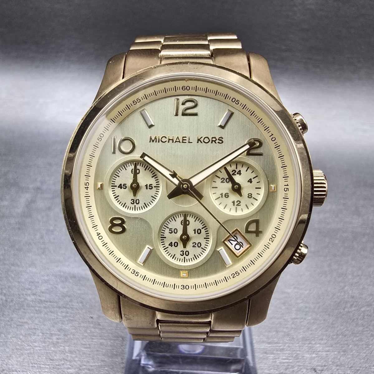 Michael Kors Runway Watch Women 37mm Gold Dial Gold Tone Chrono MK5055 New Batt30