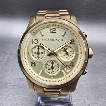 Michael Kors Runway Watch Women 37mm Gold Dial Gold Tone Chrono MK5055 New Batt30