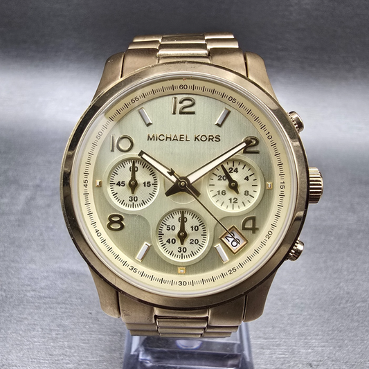 Michael Kors Runway Watch Women 37mm Gold Dial Gold Tone Chrono MK5055 New Batt30