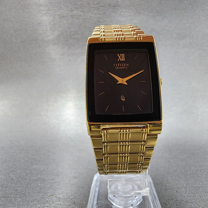 Citizen CQ Tank Watch Men 25mm Black Dial Gold Tone 1022-H14231 New Battery