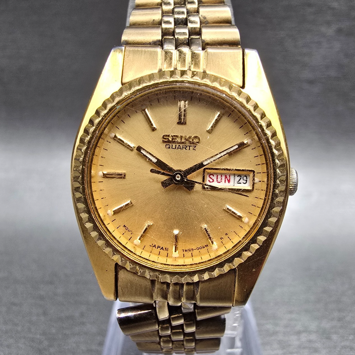 Seiko Watch Women 23mm Gold Dial Gold Daydate Round 7N83-0041 New Battery JP0