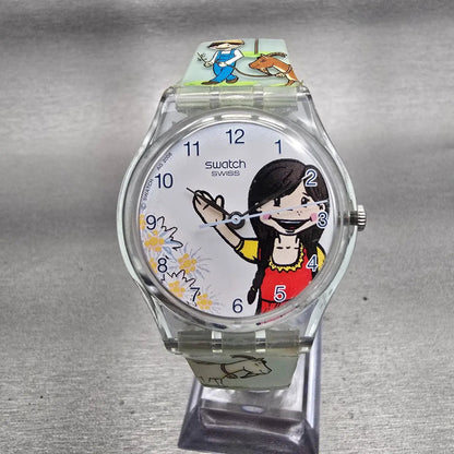 Swatch SWISS GIRL Watch Unisex White Dial Clear Case Round SKZ123 New Battery0
