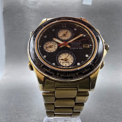 Seiko World Time Watch Men 38mm Black Dial Gold 5T52 Movement 6A40 AlarmPARTS6