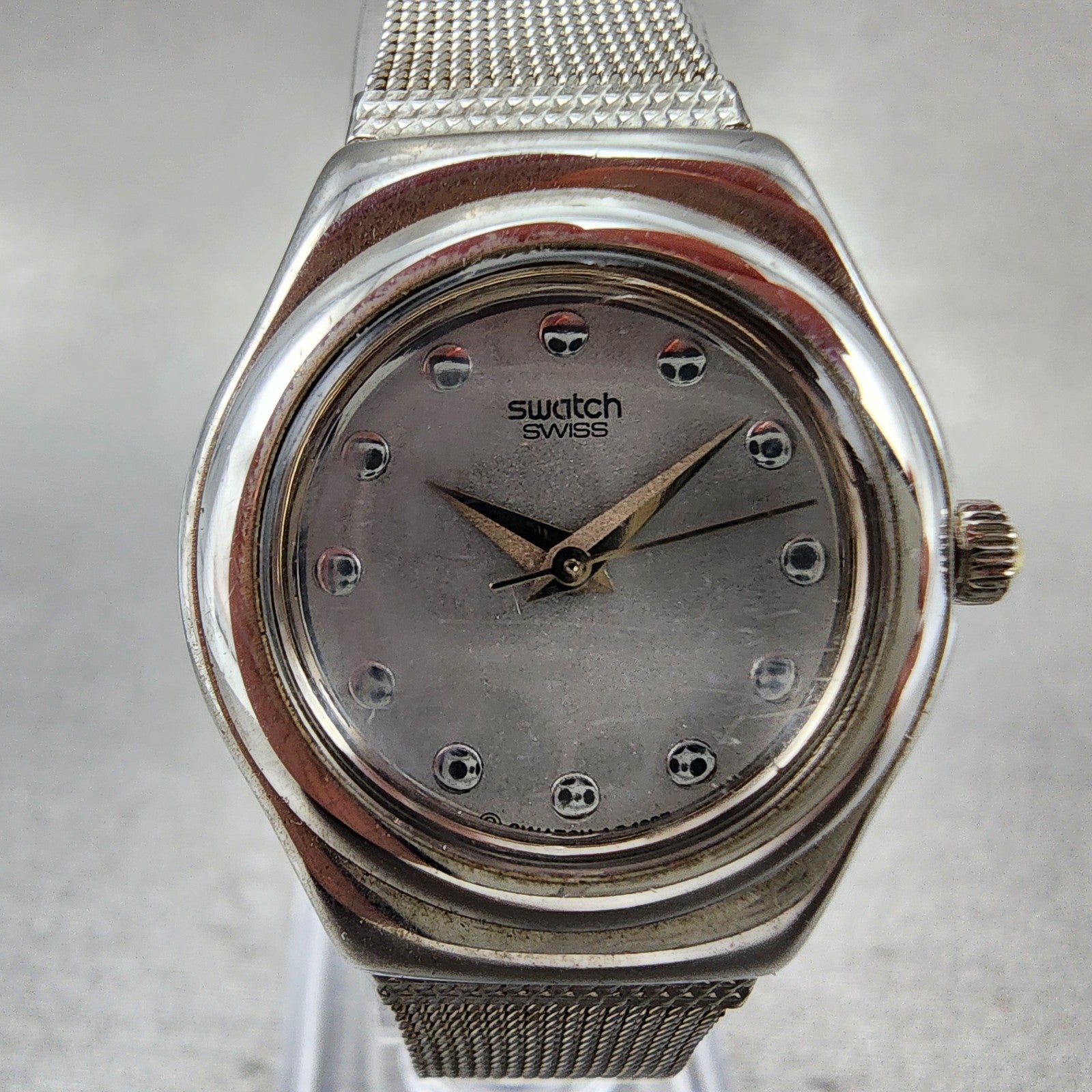 Swatch Irony Libertine Watch Women 24mm Silver Dial Steel Mesh Band New Battery1