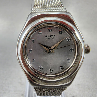 Swatch Irony Libertine Watch Women 24mm Silver Dial Steel Mesh Band New Battery1