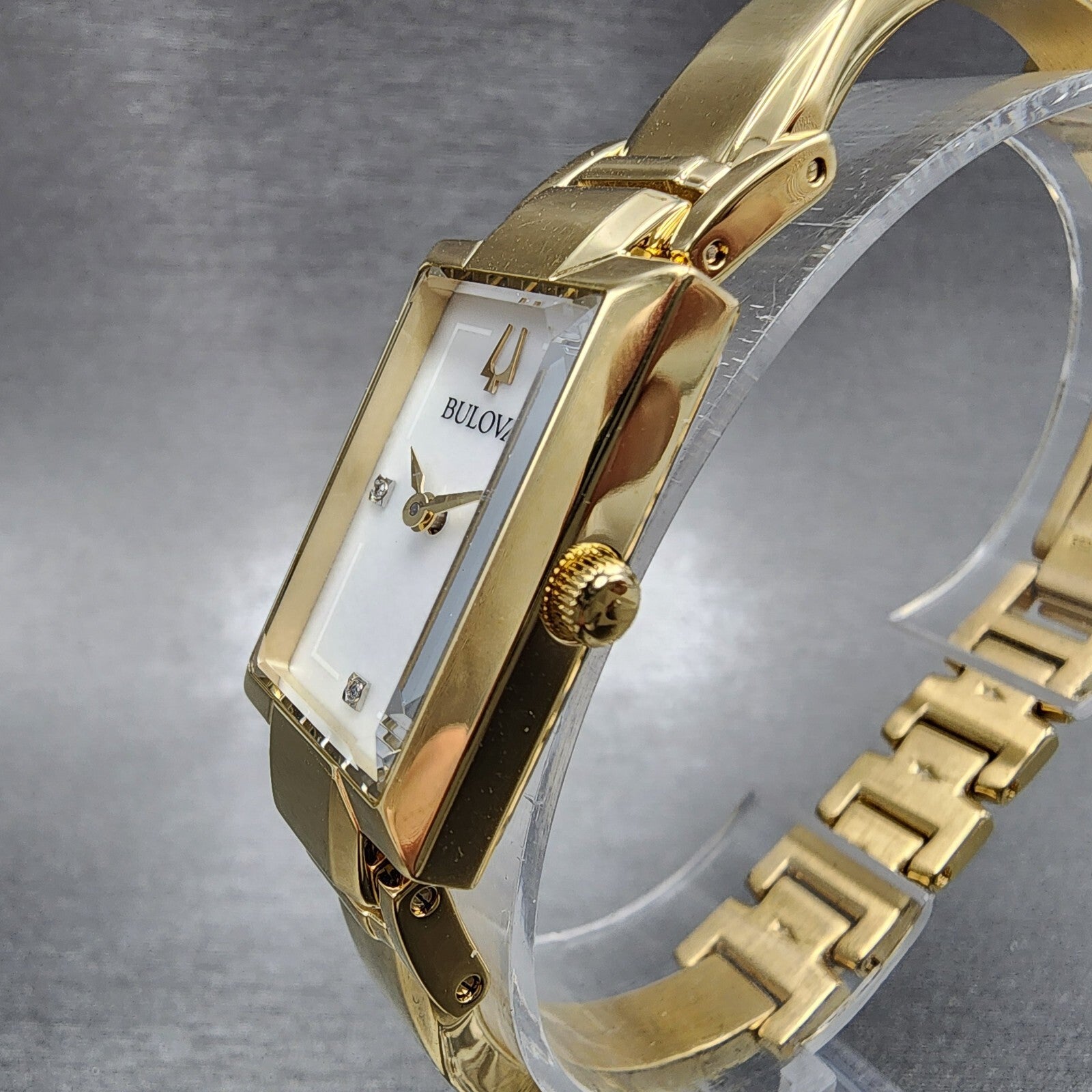 Bulova Tank Watch Women 18mm MOP Dial Gold Tone Diamond Accents New Battery2