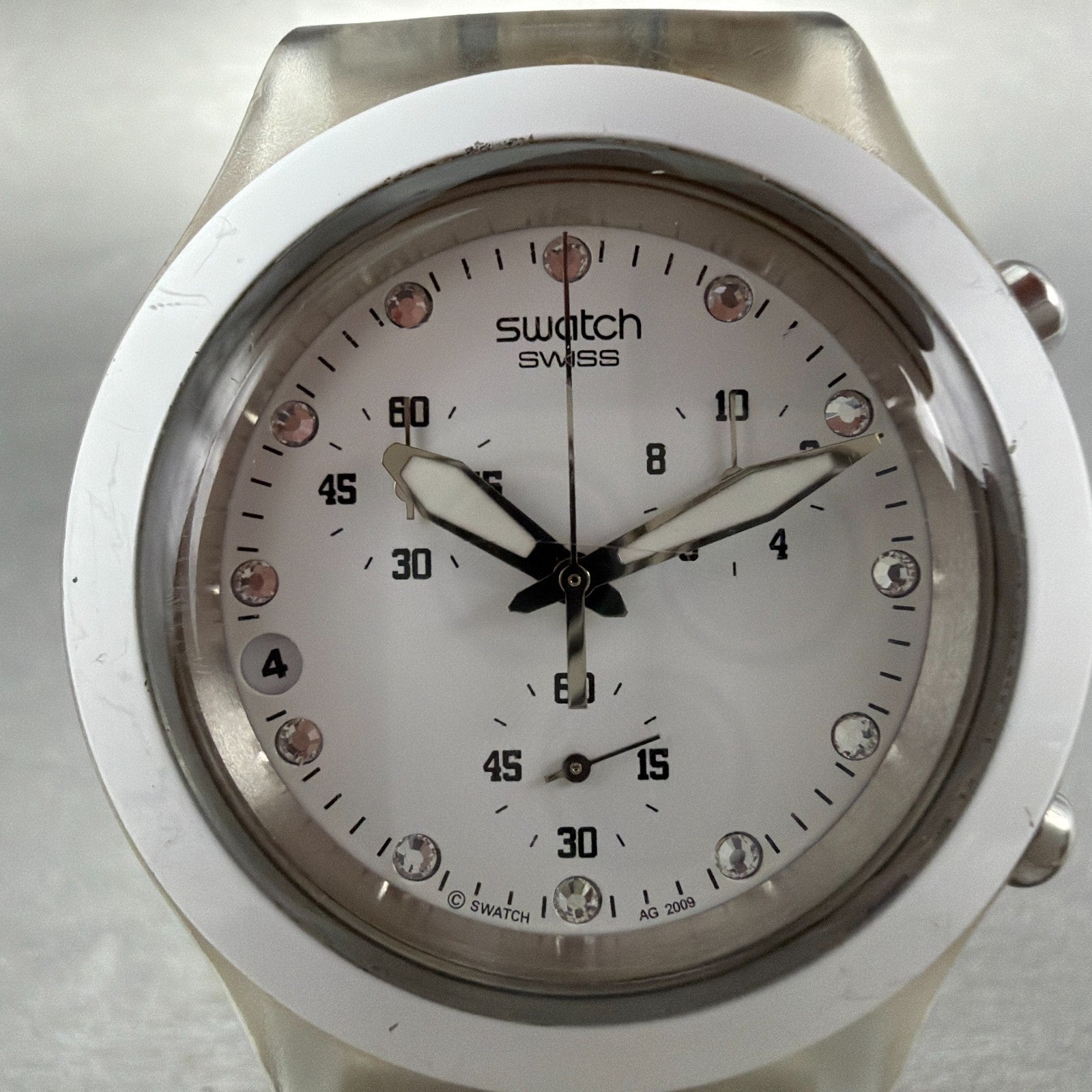 Swatch Irony Diaphane Full-Blooded Chrono Watch Men 43mm White Dial Clear NewBat1