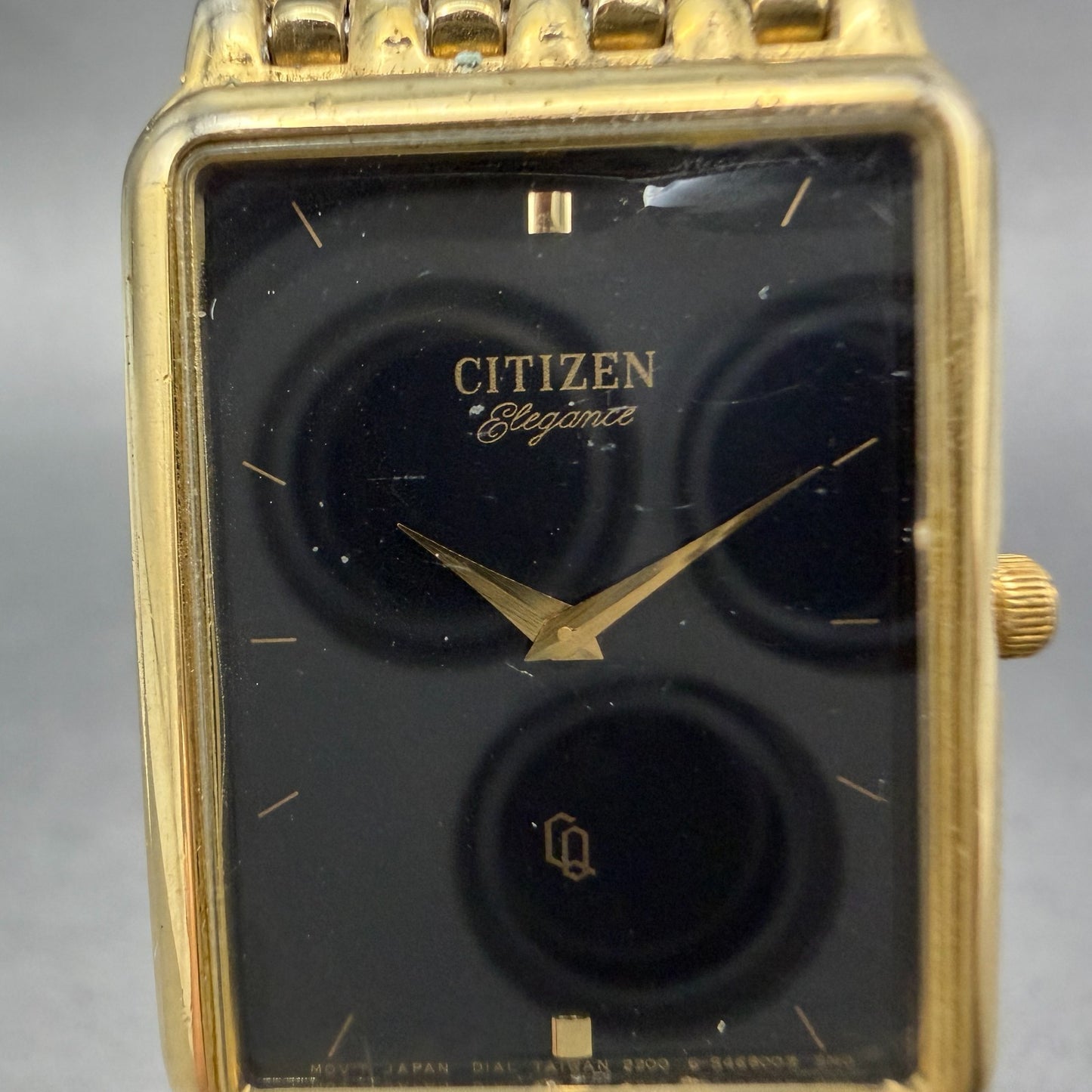 Citizen CQ Tank Watch Men 22mm Black Dial Gold Tone 2200-S12843 New Battery VTG1