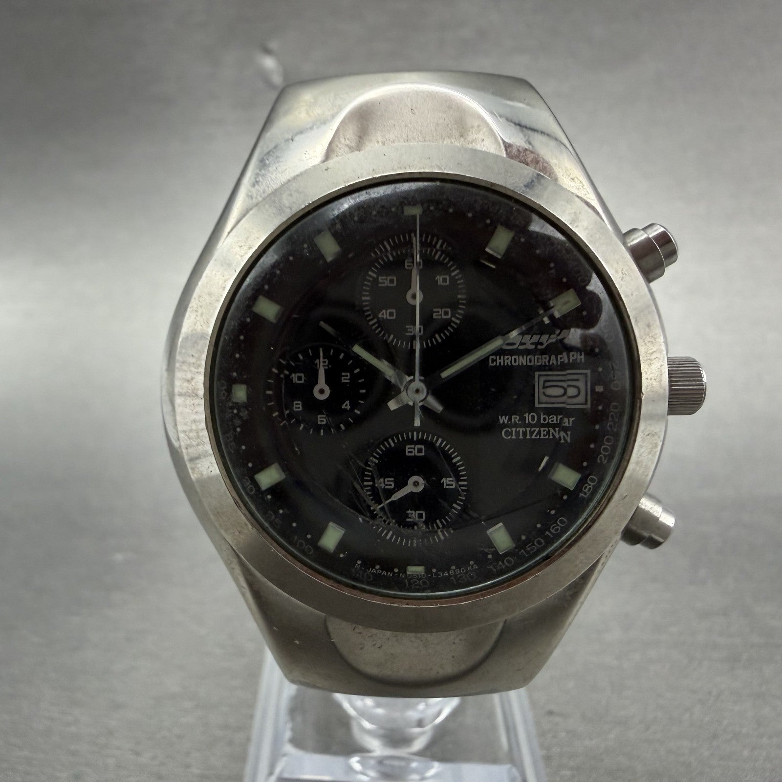 Citizen Oxy Chronograph Watch Men 39mm Black Dial Silver Tone Date New battery0