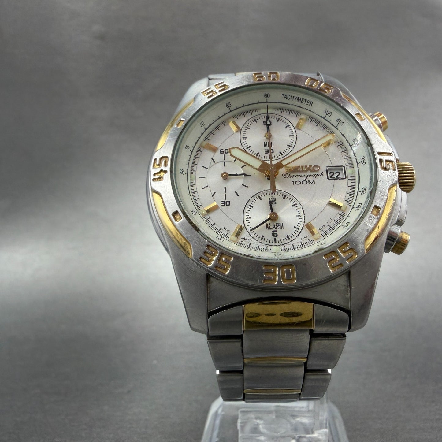Seiko Chronograph Watch Men 42mm White Dial Two Tone Date 7T62-0CD0 New Battery5