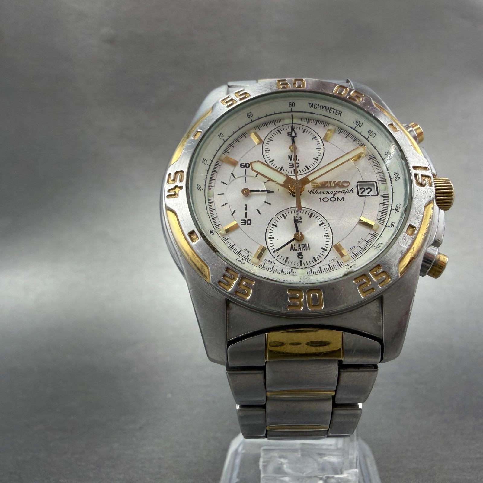Seiko Chronograph Watch Men 42mm White Dial Two Tone Date 7T62-0CD0 New Battery5