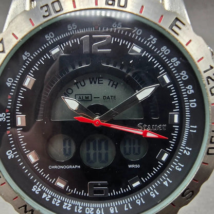 Stauer Compendium Watch Men 46mm Black Dial Silver Alarm Chrono 19093 New Batt1