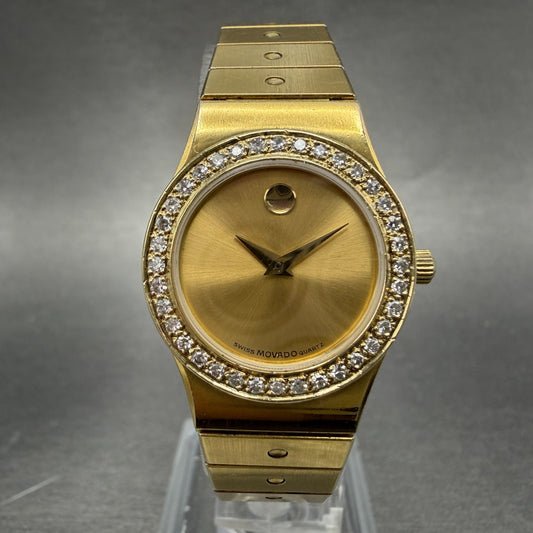 Movado Museum Watch Women 23mm Gold Dial Gold Tone Diamond Bezel New Battery0