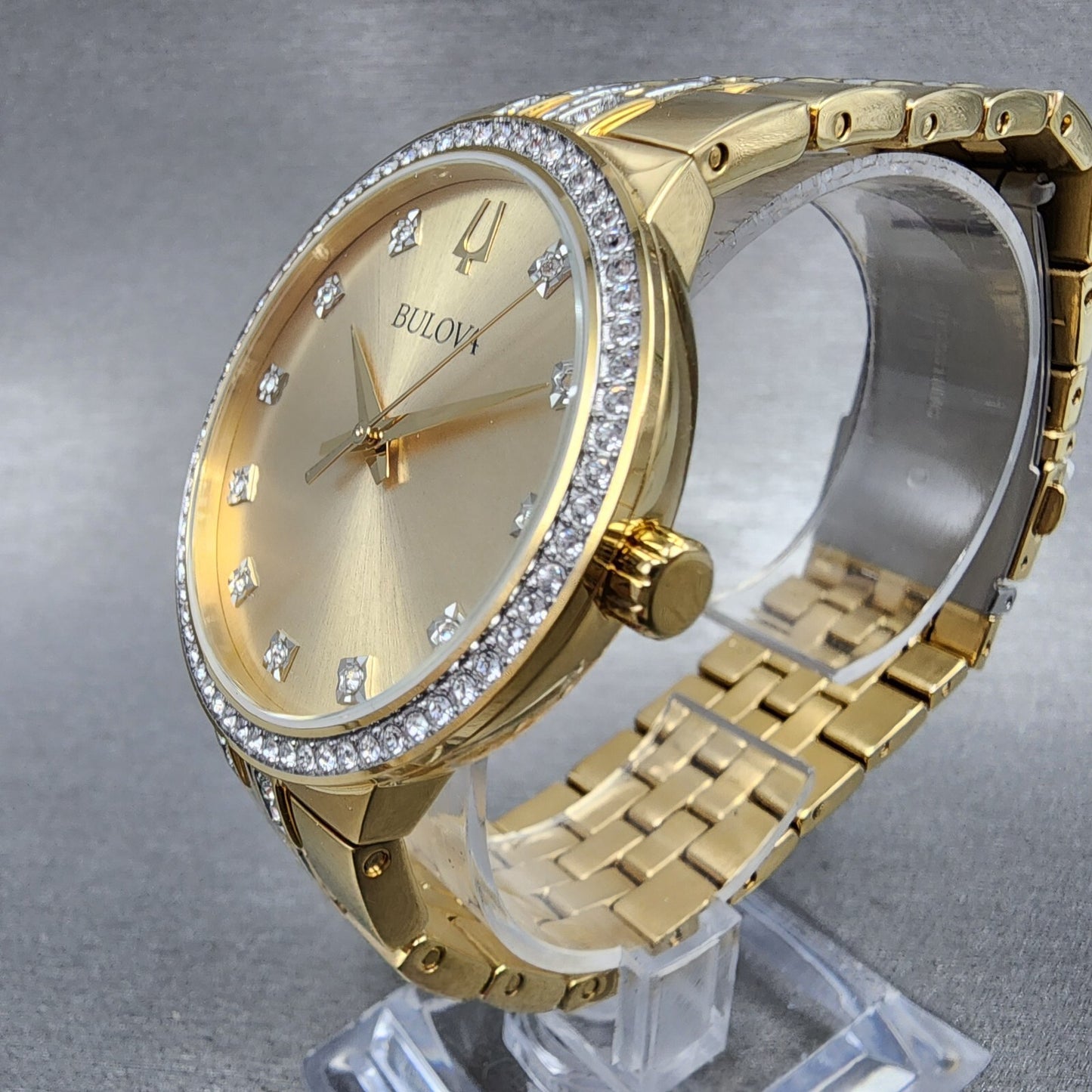 Bulova Watch Men 40mm Gold Dial Gold Tone Round Crystal Bezel 98K113 W/Necklace