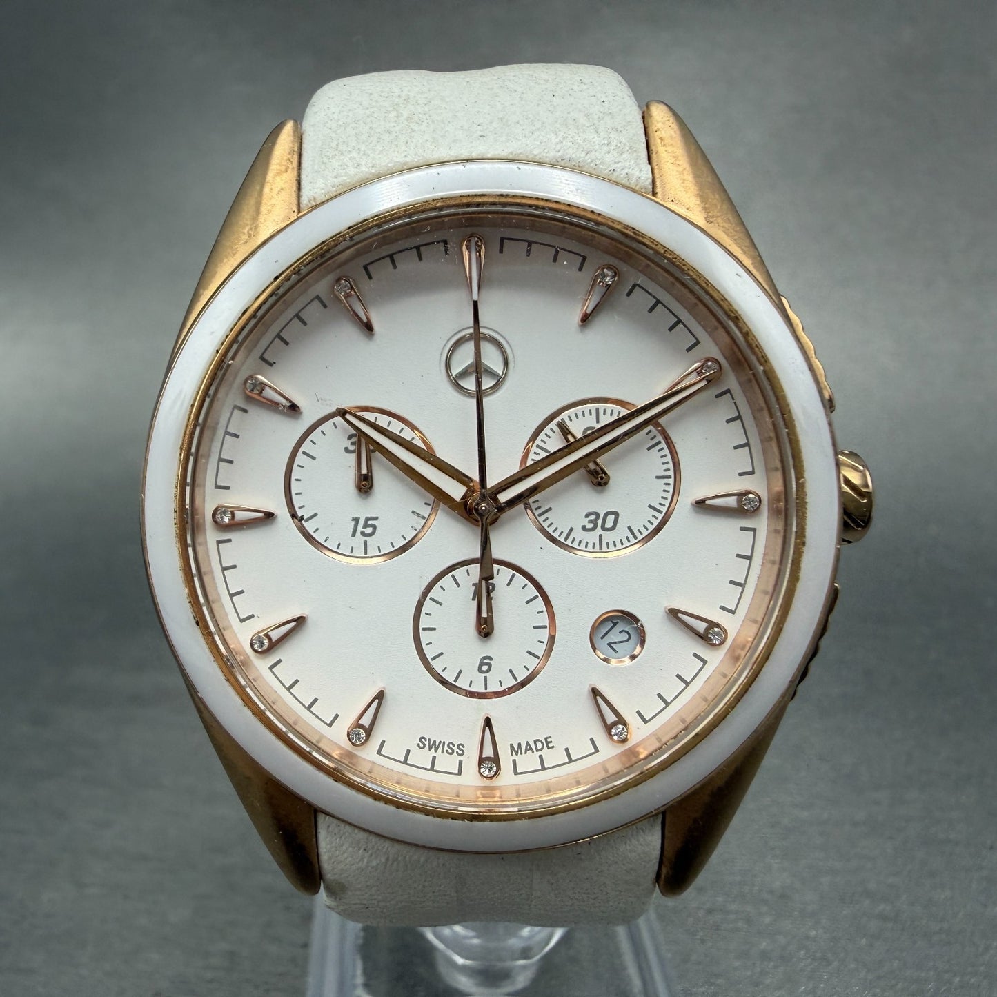 Mercedes-Benz Chronograph Watch Women 39mm White Dial Rose Gold Tone Date NewBat0