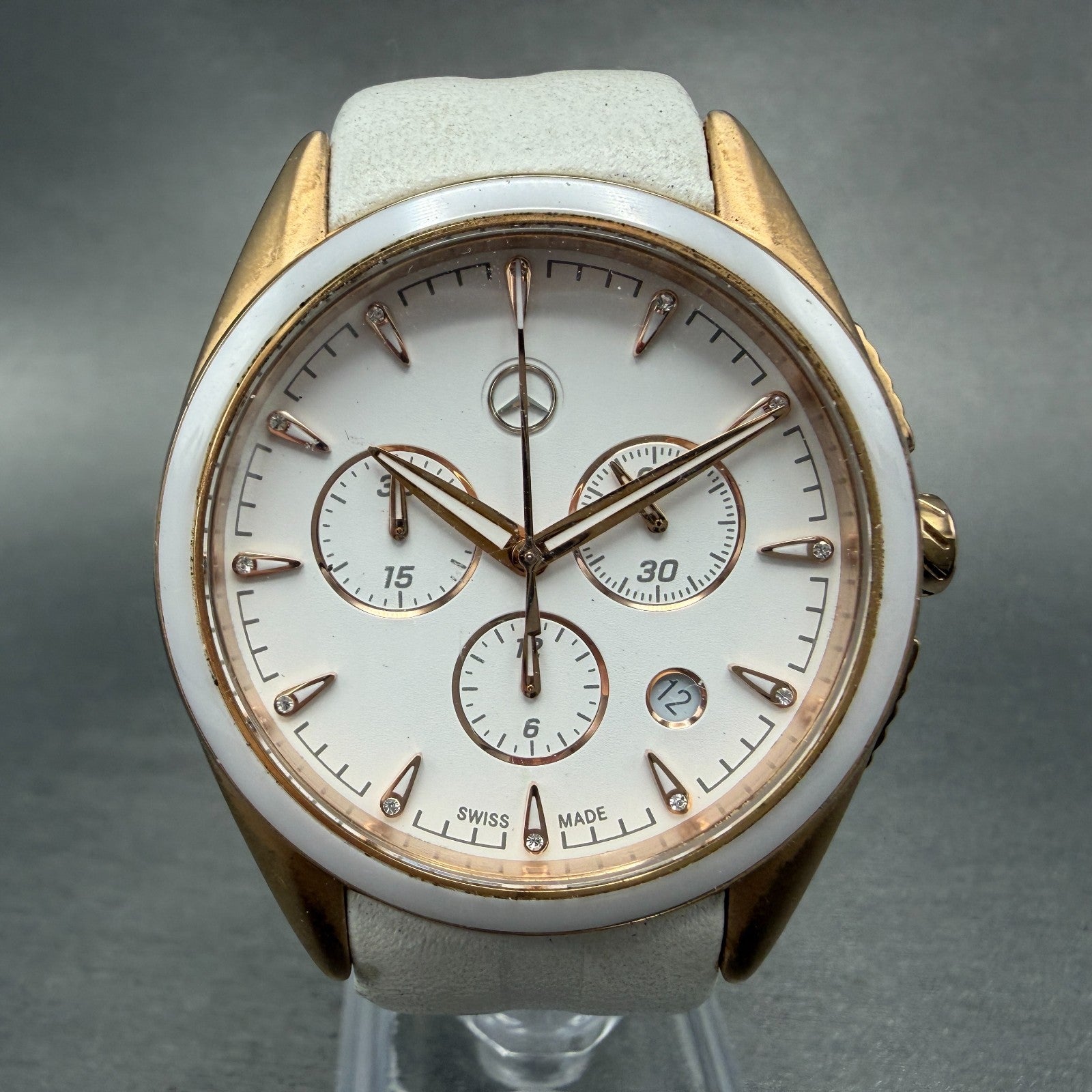 Mercedes-Benz Chronograph Watch Women 39mm White Dial Rose Gold Tone Date NewBat0