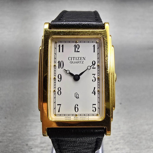 Citizen CQ Tank Watch Men 22mm White Dial Gold Tone Rectangle 6020 New Battery0