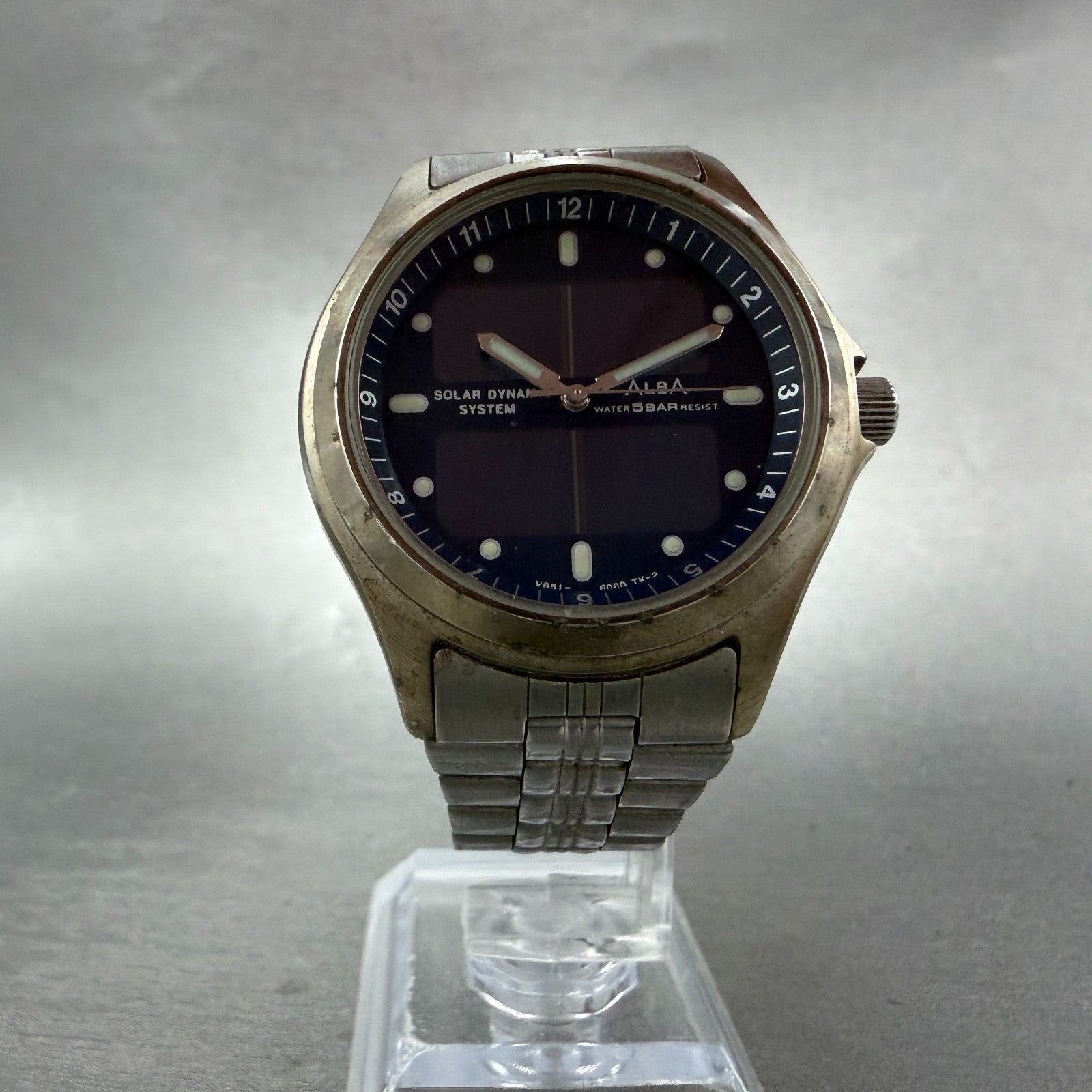 Seiko Alba Solar Watch Men 36mm Blue Dial Silver Tone Round V851-6040 Runs5