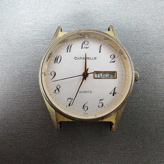 VTG Caravelle Watch Men 35mm White Dial Gold Tone Daydate Round PARTS