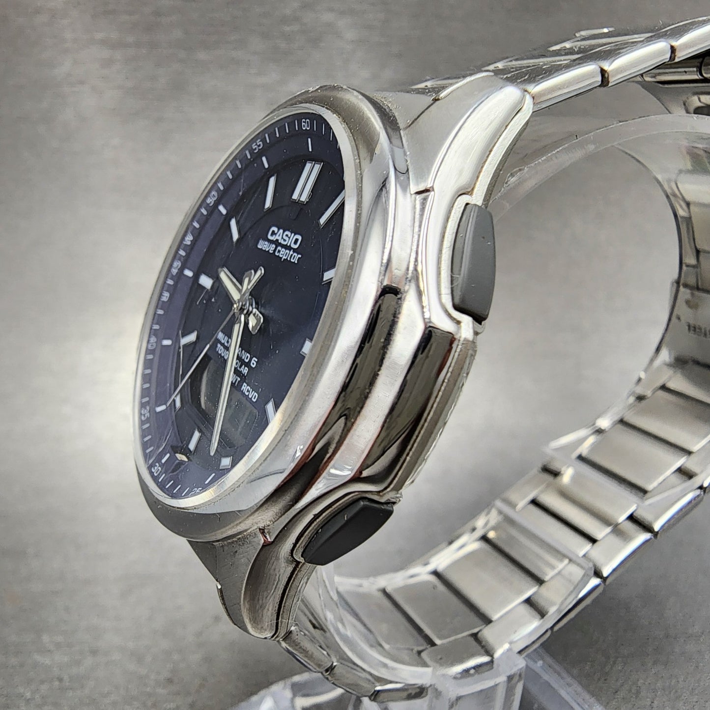 Casio Wave Ceptor Watch Men 42mm Blue Dial Steel Analog Digital Solar Runs4