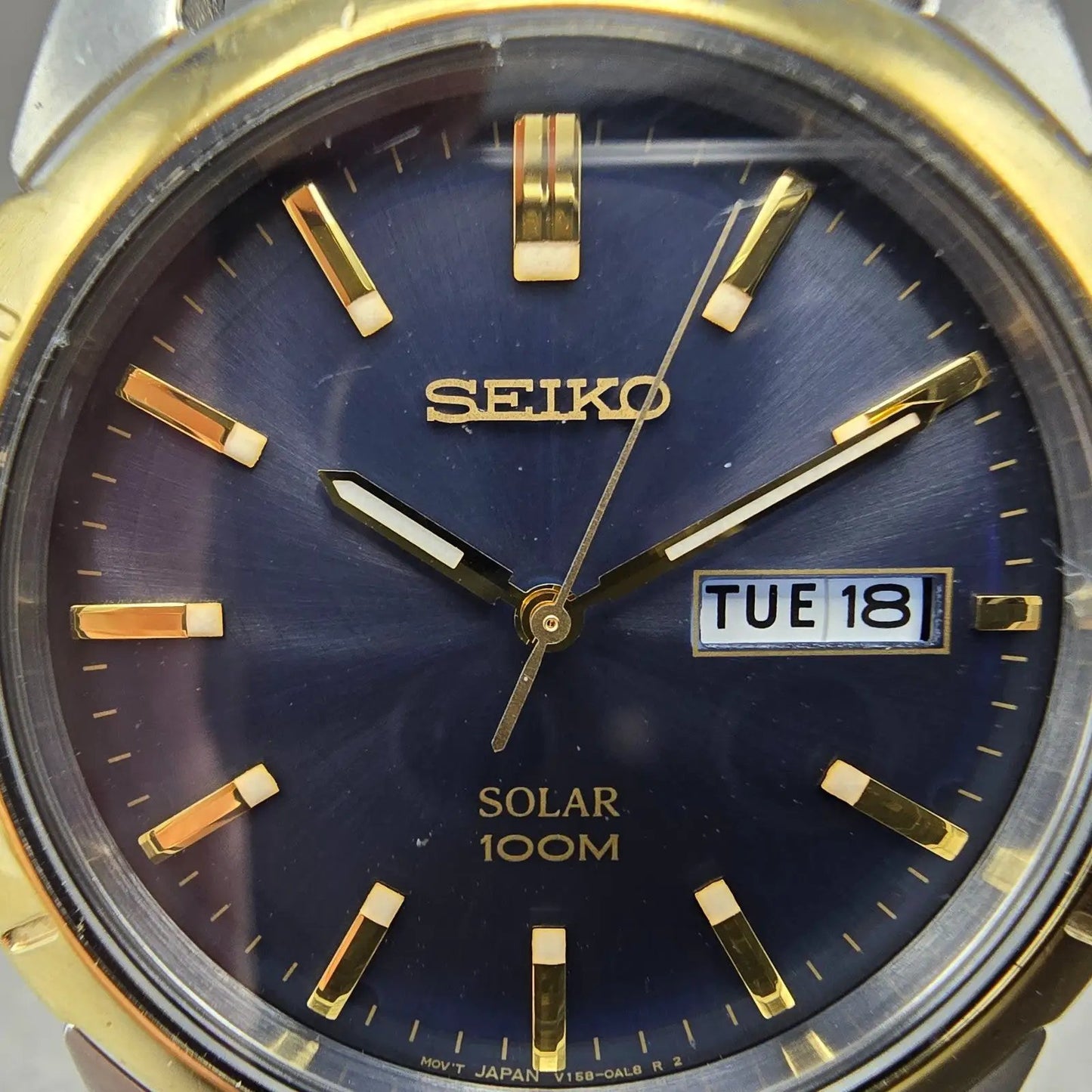 Seiko Solar Watch Men 39mm Blue Dial Two Tone Daydate Round V158-0AD0 Runs1