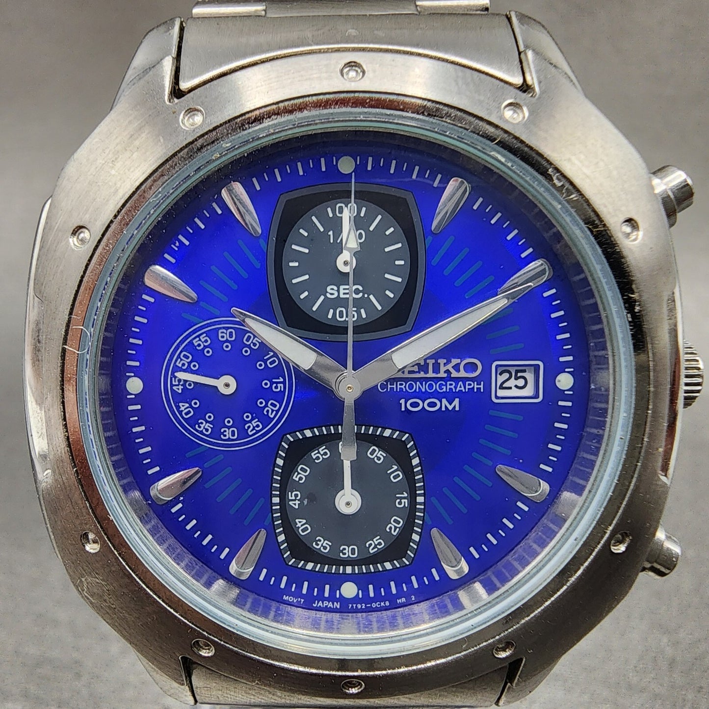 Seiko Chronograph Watch Men 39mm Blue Dial Silver Tone Date 7t92-0cl0 New Batt