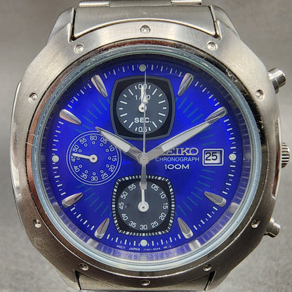 Seiko Chronograph Watch Men 39mm Blue Dial Silver Tone Date 7t92-0cl0 New Batt