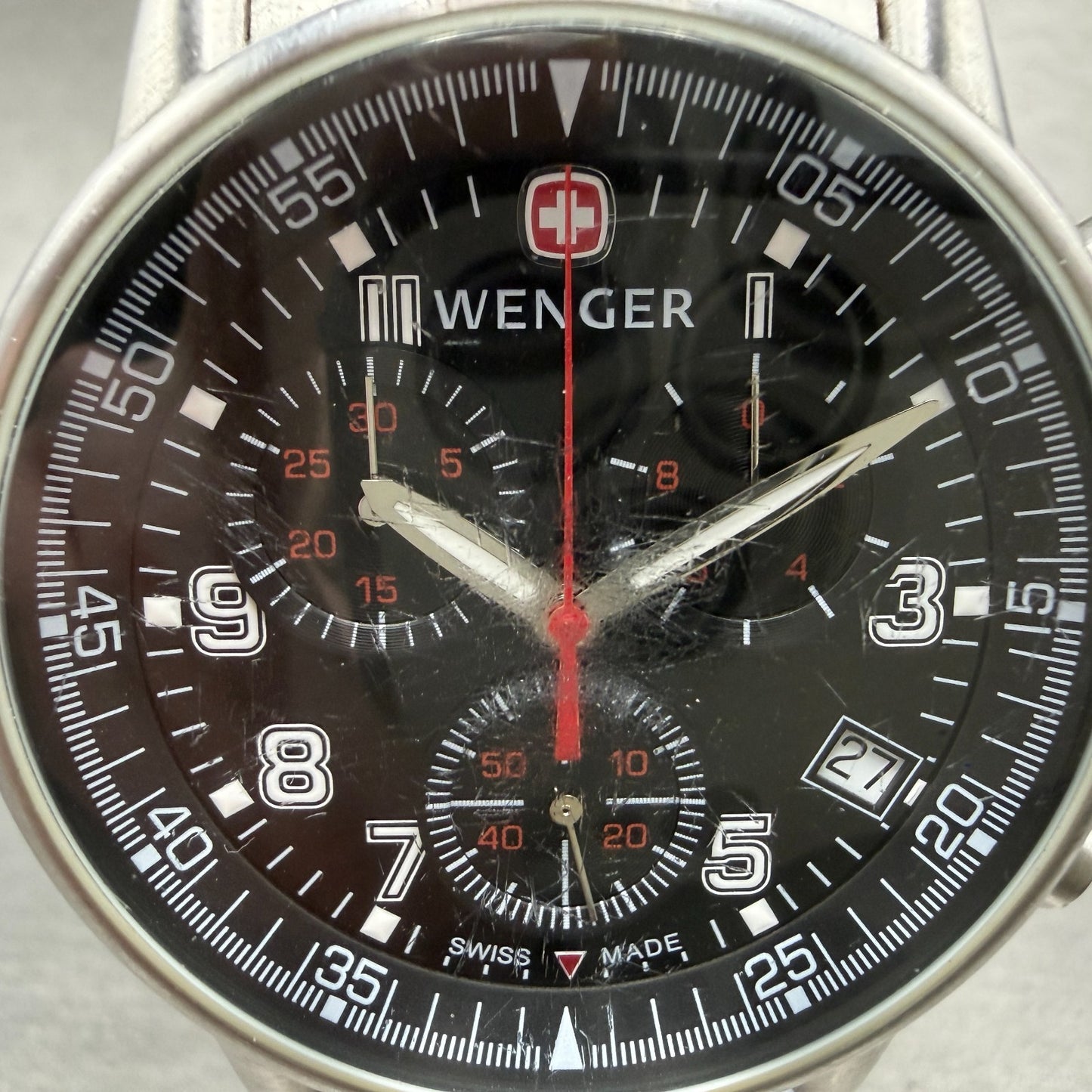Wenger Chronograph Watch Men 42mm Black Dial Silver Tone Date 7089X New Battery1