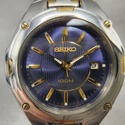 Seiko 100M Watch Women 28mm Blue Dial Two Tone Date Round 7n820fh0 New Battery1
