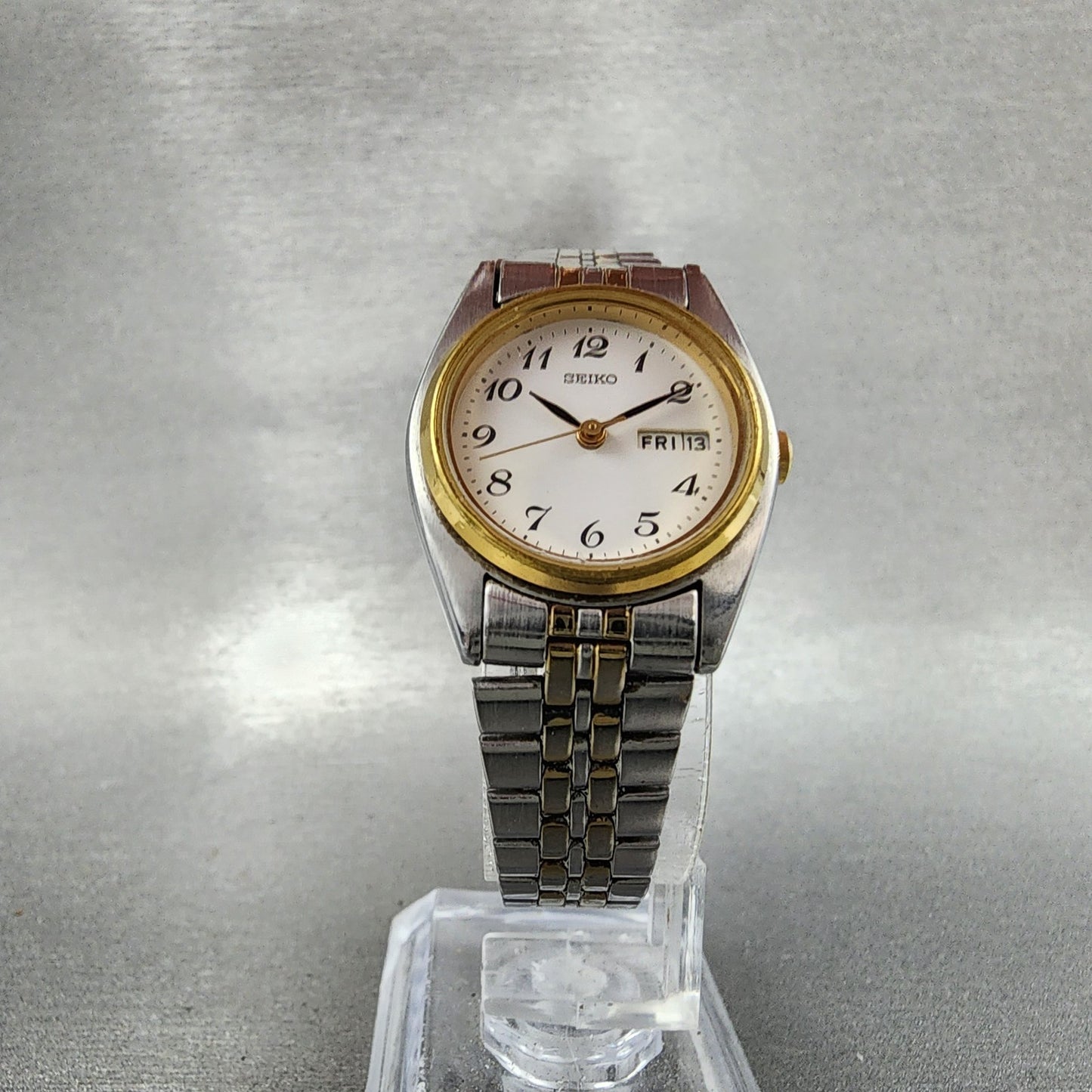 Seiko Watch Women 23mm White Dial Two Tone Daydate 7n830011 New Battery ABC1235