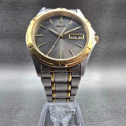 Seiko Watch Men 35mm Gray Dial Two Tone Daydate Round 7N43-6A09 New Battery JP5