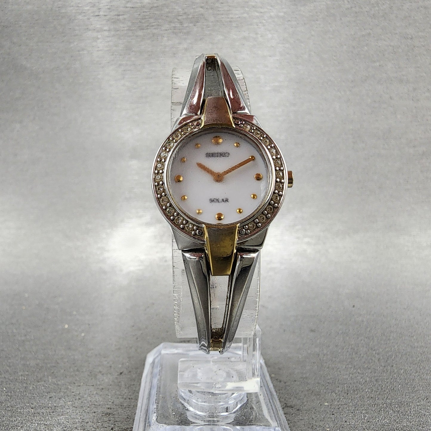 Seiko Solar Watch Women 22mm MOP Dial Two Tone Crystal Bezel Round V1140AF0 Runs5