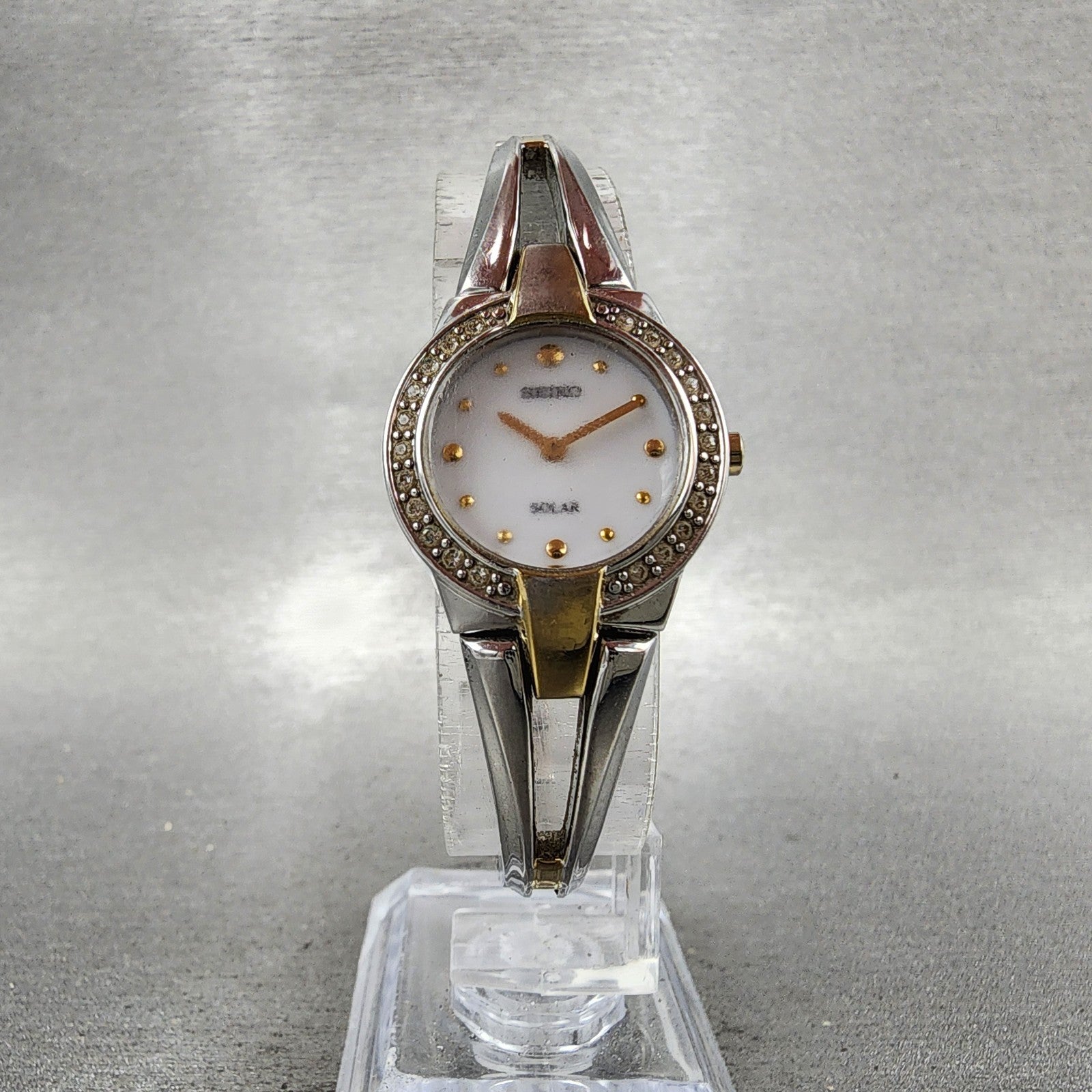 Seiko Solar Watch Women 22mm MOP Dial Two Tone Crystal Bezel Round V1140AF0 Runs5