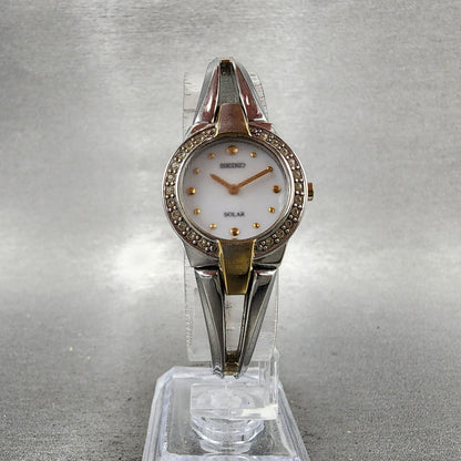 Seiko Solar Watch Women 22mm MOP Dial Two Tone Crystal Bezel Round V1140AF0 Runs5