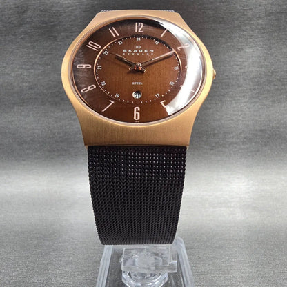 Skagen Watch Men 36mm Brown Dial Rose Gold Case Date Round 233XLRDD New Battery5