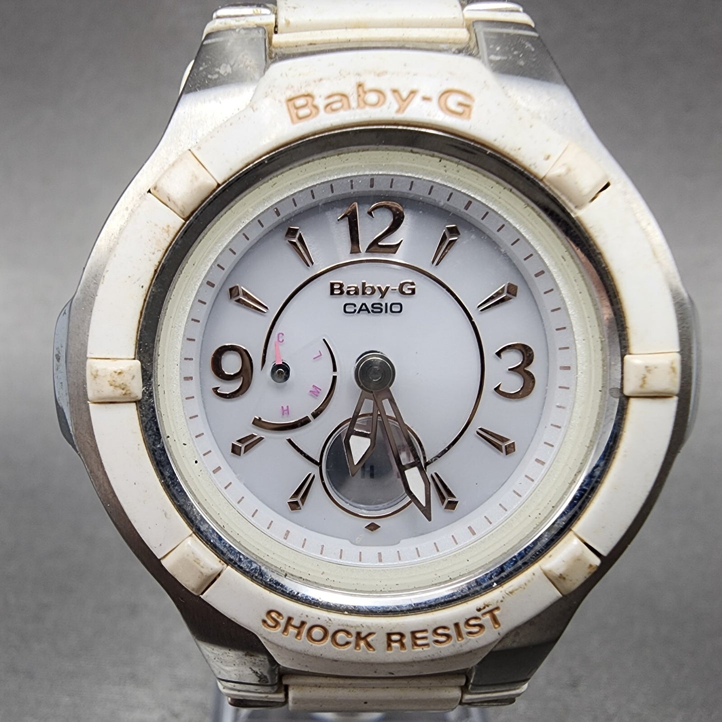 Casio BabyG Watch Women 38mm White Dial Silver Tone Analog Digital Solar1