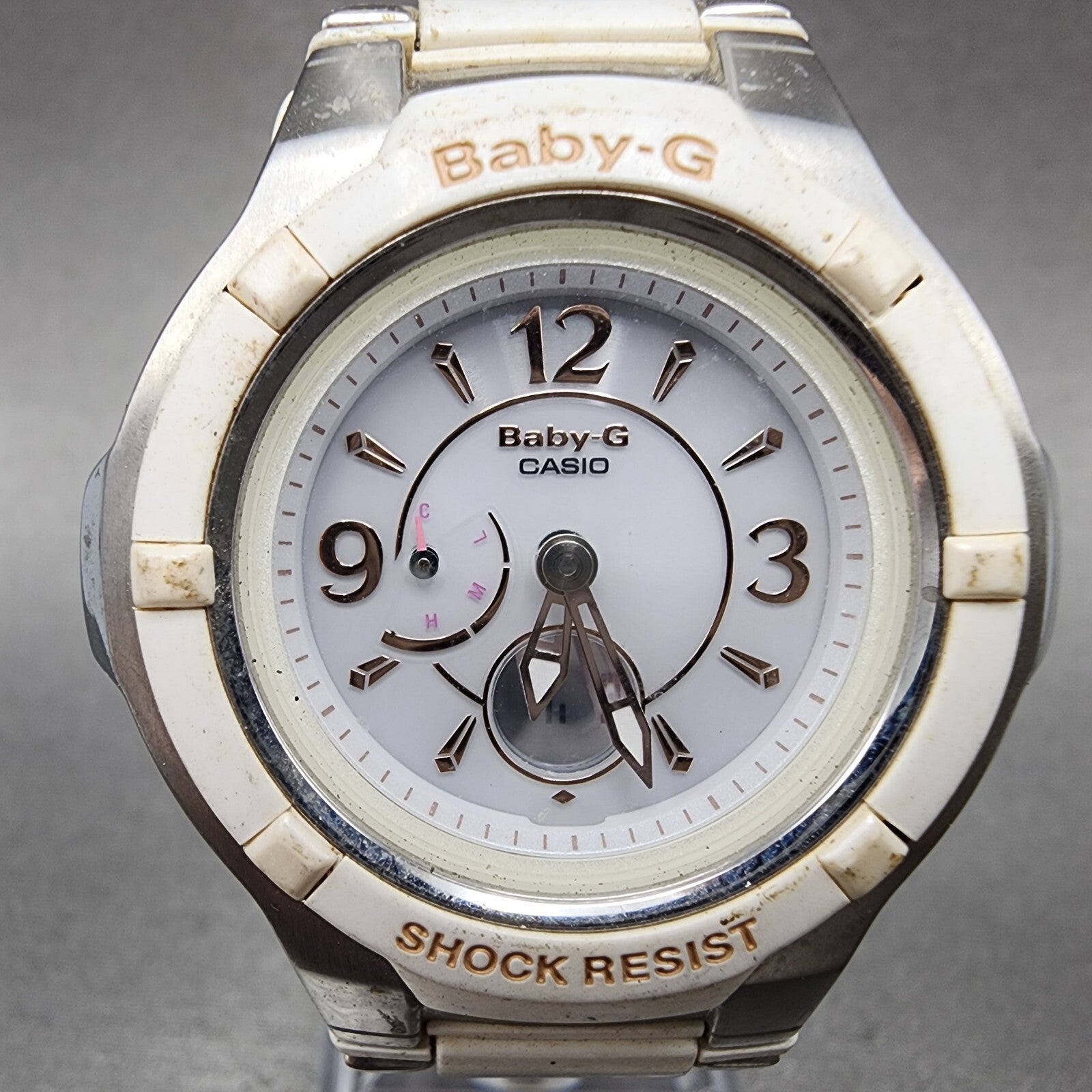 Casio BabyG Watch Women 38mm White Dial Silver Tone Analog Digital Solar1