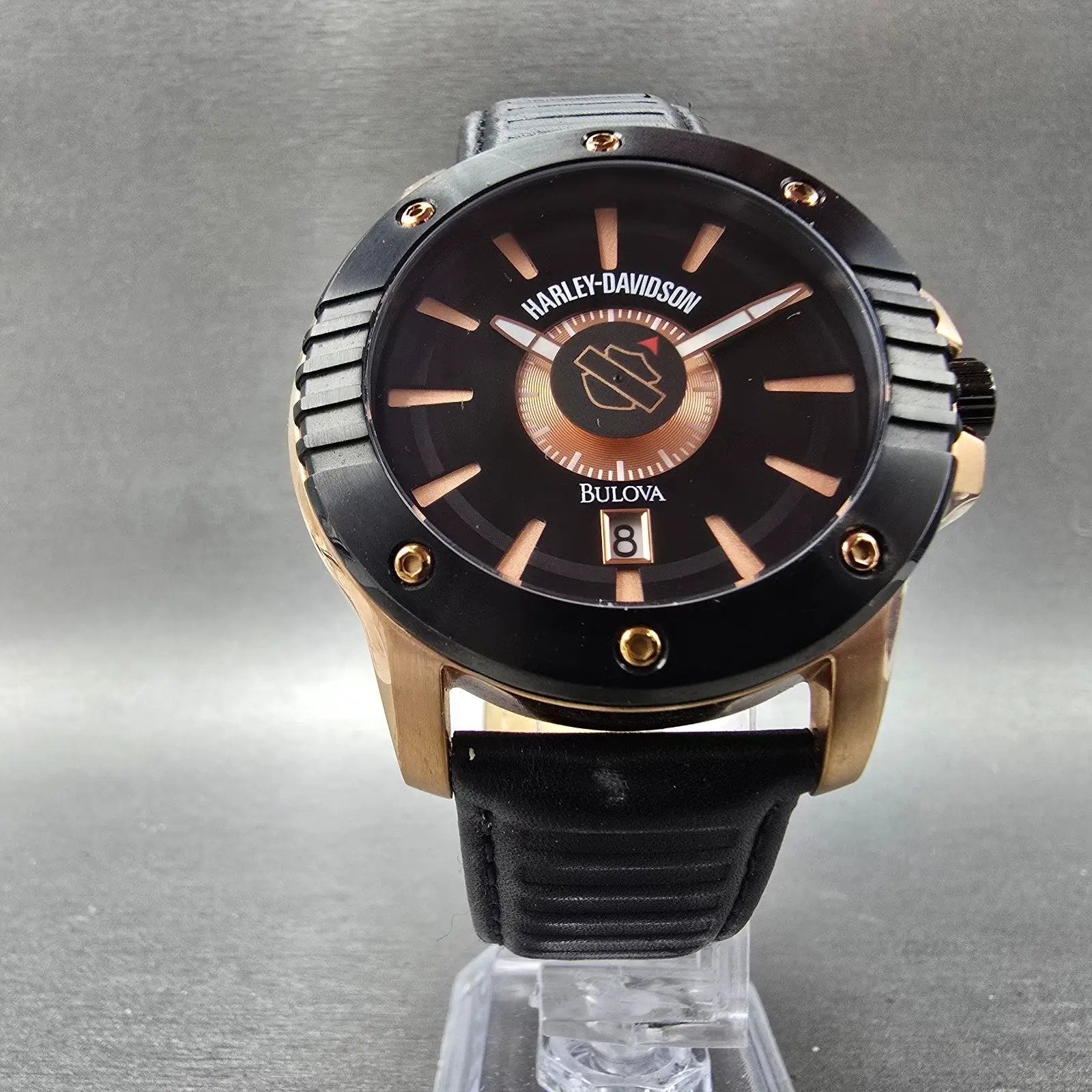 Bulova Harley Davidson Watch Men 43mm Black Dial Rose Gold Tone Date 78B115 Runs5