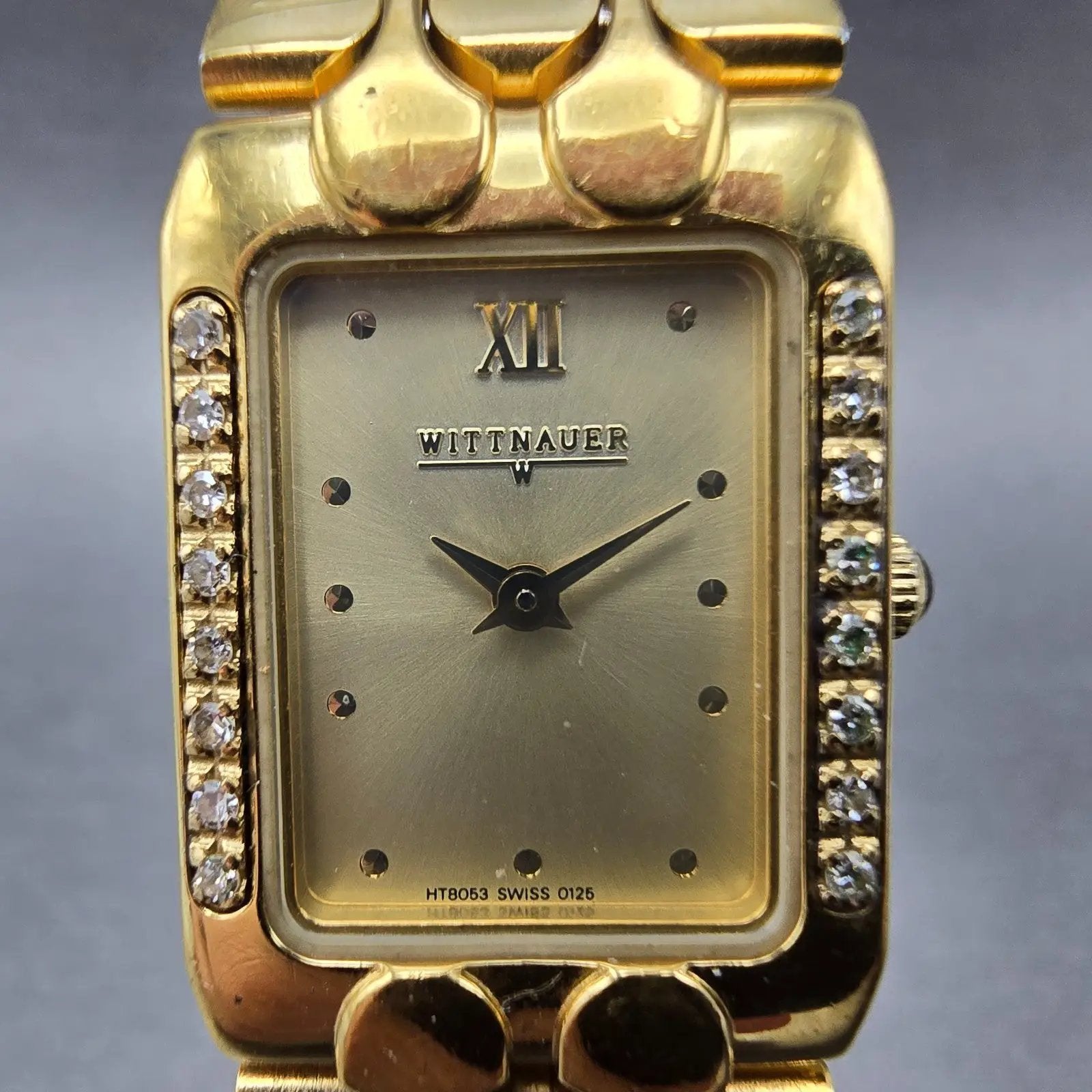 Wittnauer Tank Watch Women 19mm Champagne Dial Gold Tone Diamond Bezel New Batt1
