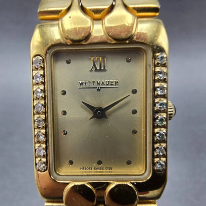 Wittnauer Tank Watch Women 19mm Champagne Dial Gold Tone Diamond Bezel New Batt1