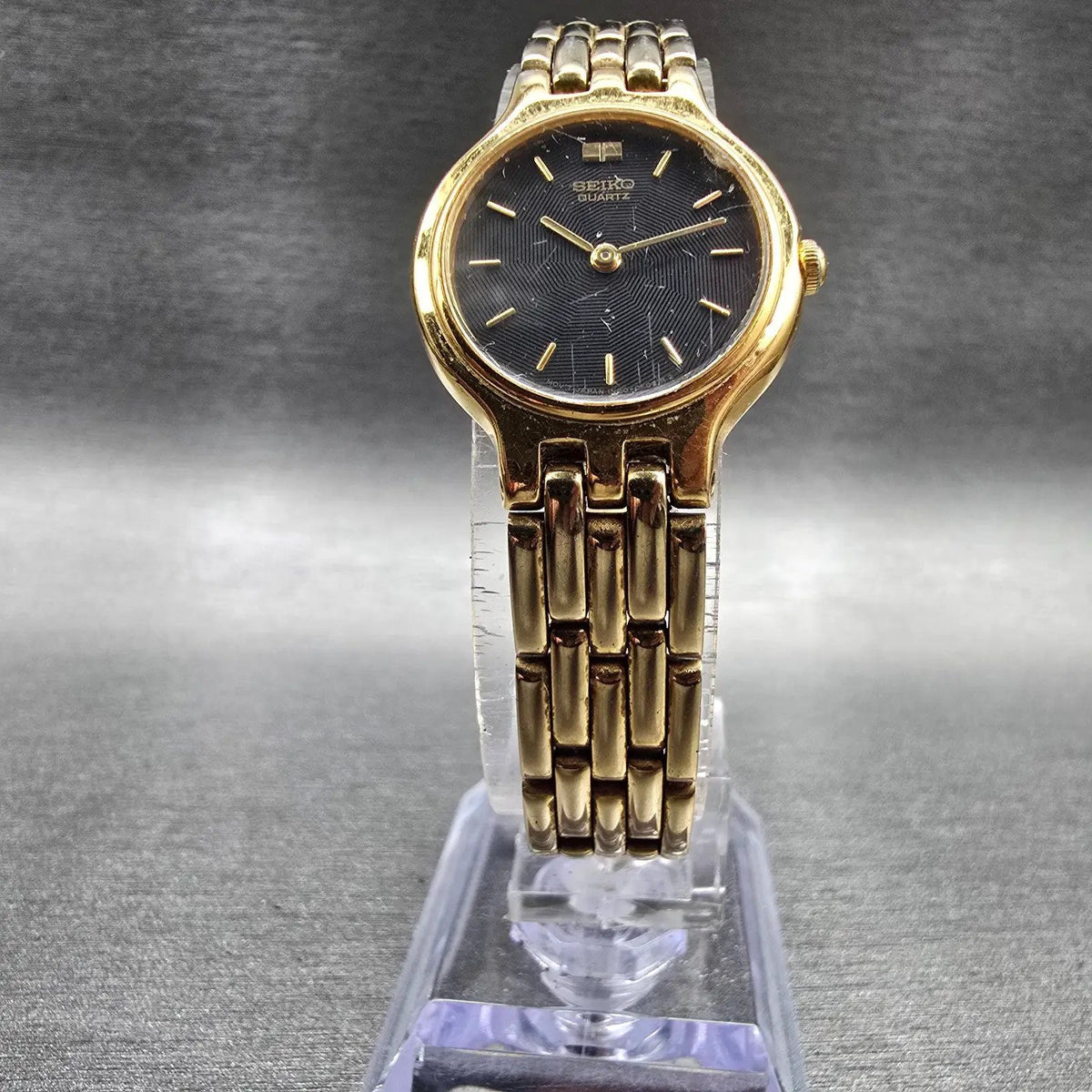 Seiko Watch Women 22mm Black Dial Gold Tone Round 1N00-0A99 New Battery VTG JP5