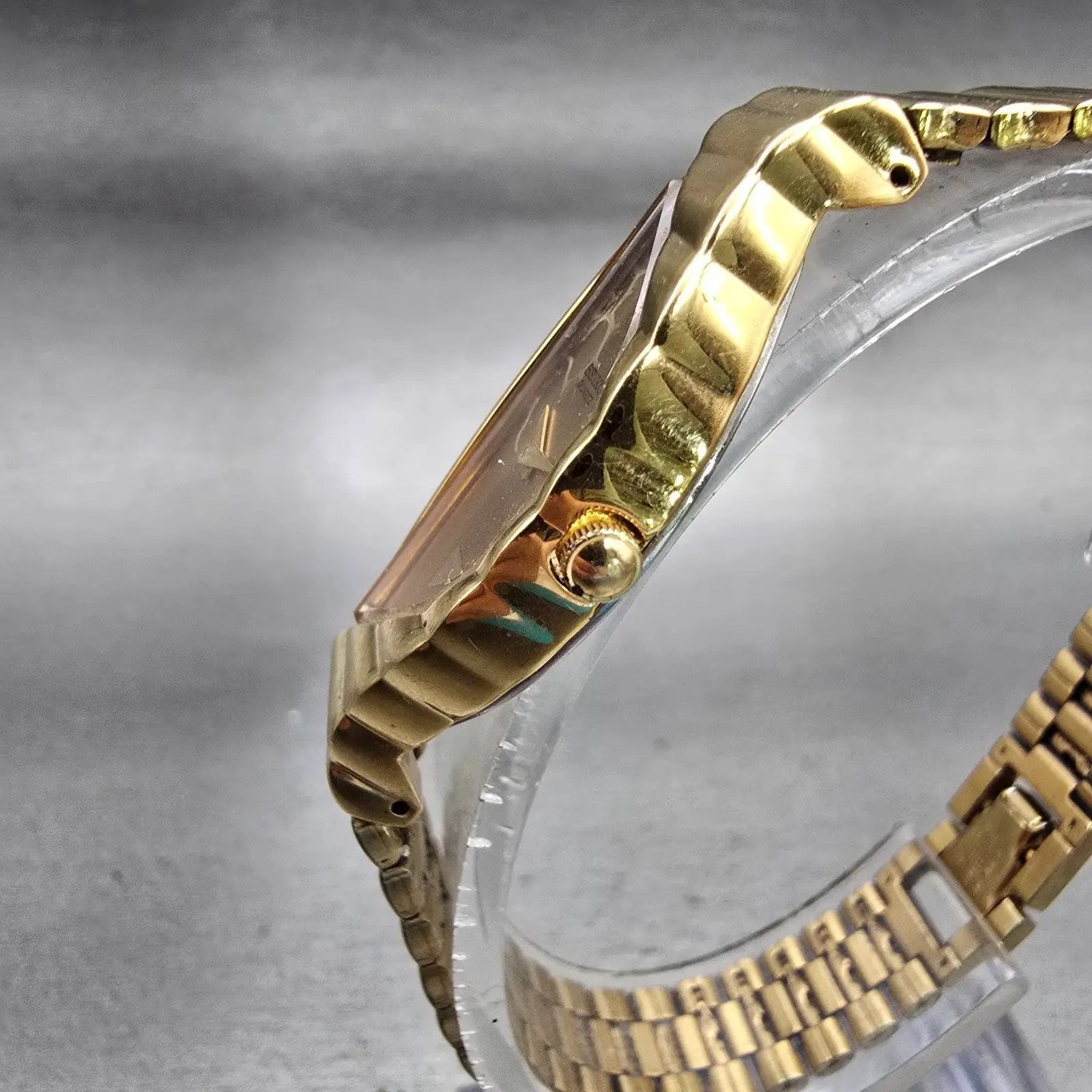 Seiko Watch Women 15mm Gold Dial Gold Tone Asymmetrical 1F20-5D59 New Battery2