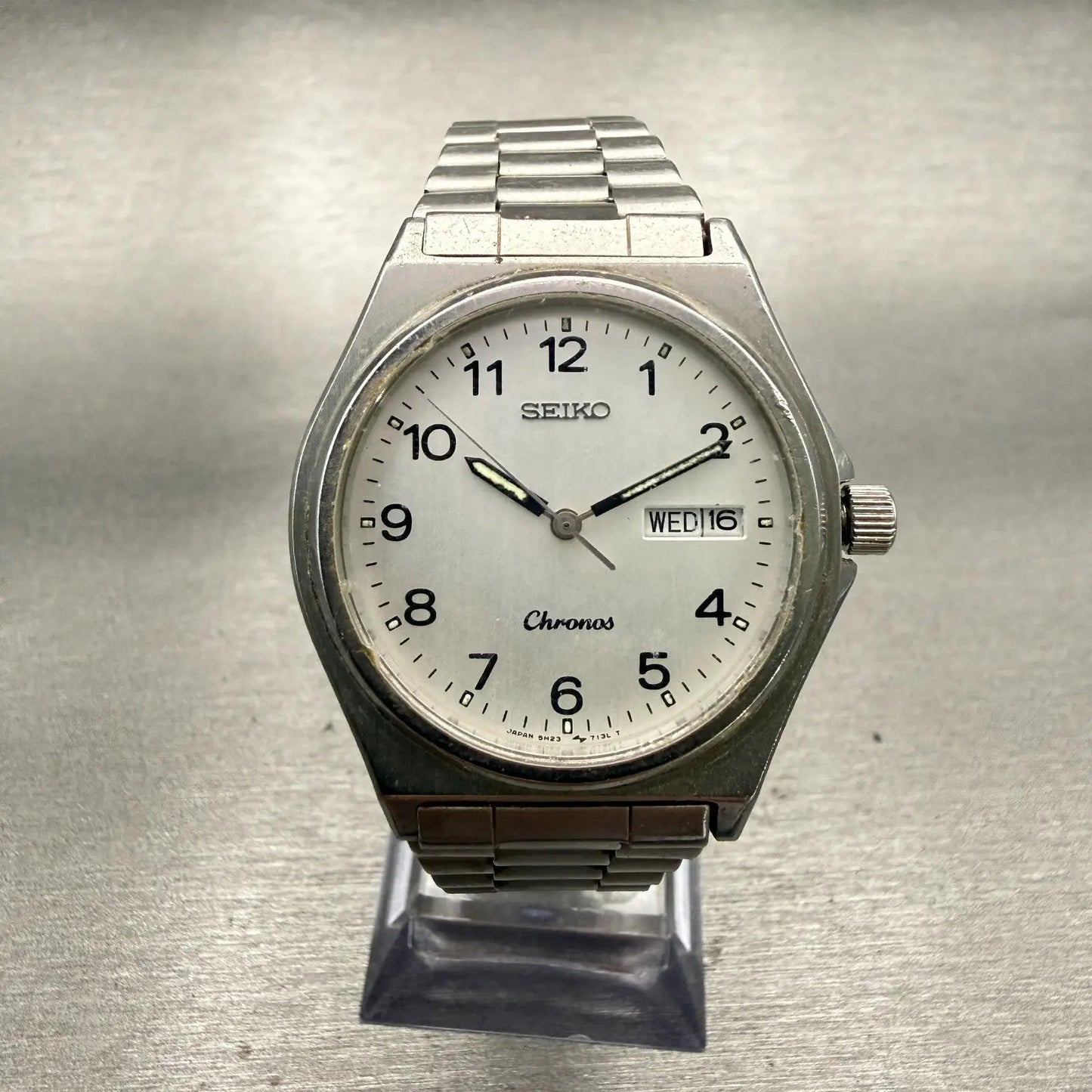Seiko Chronos Watch Men 35mm Silver Dial Silver Daydate Round 5H23-7060 New Batt0