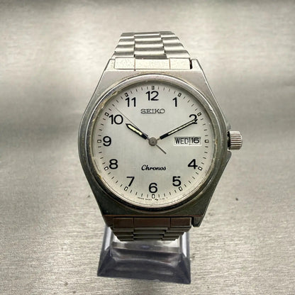 Seiko Chronos Watch Men 35mm Silver Dial Silver Daydate Round 5H23-7060 New Batt0