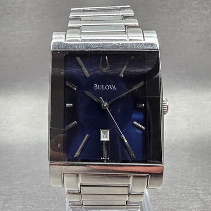 Bulova Tank Watch Men 27mm Blue Dial Silver Tone Date Rectangle 96G75 New Batt0