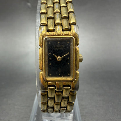 Citizen CQ Tank Watch Women 14mm Black Dial Gold Tone Rectangle New battery VTG0