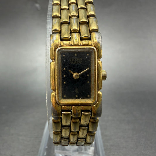 Citizen CQ Tank Watch Women 14mm Black Dial Gold Tone Rectangle New battery VTG0