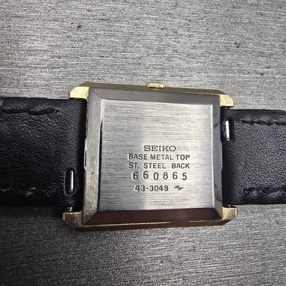 Seiko Watch Men 23mm Black Dial Gold Tone Rectangle 43-3049 New Battery Vintage10